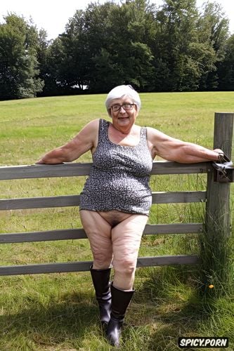 saggy, dimpled, leg up leaning on fence, extremly hairy pussy