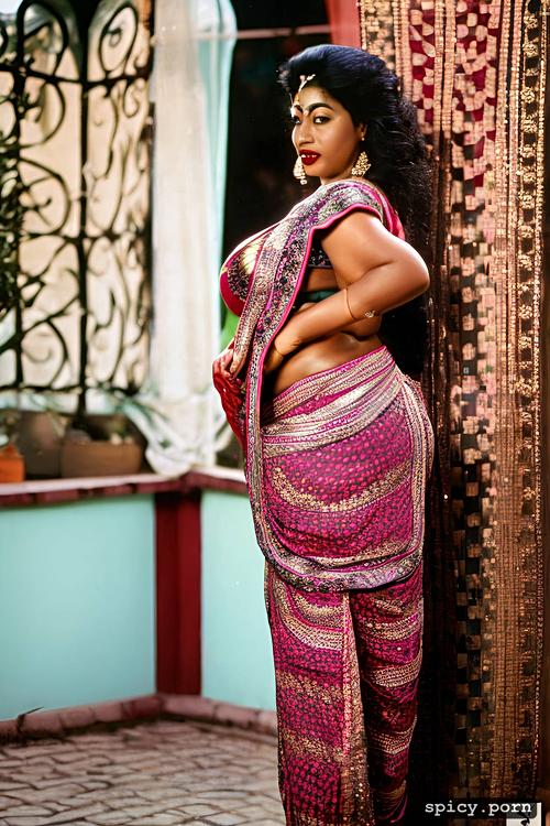 half saree, very busty, 30 years old, very dark skintone, indian queen