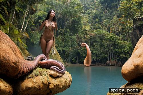 naked, little breasts, birds, world, jungle animals, chaine woman