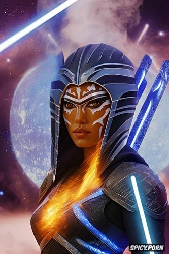 tight jedi armor, smirk, surrounded by blue fire, concept art