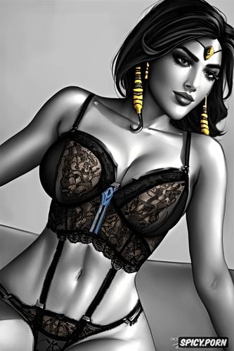 ultra detailed, ultra realistic, high resolution, pharah overwatch beautiful face young tight exotic black lace lingerie smirking portrait masterpiece