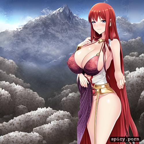 mountains, 25 years old, long straight hair, hourglass figure body