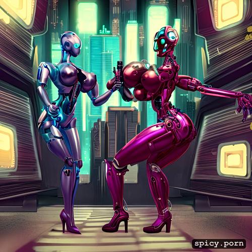 all skin shiny metal, overknee high heels, robot prostitute