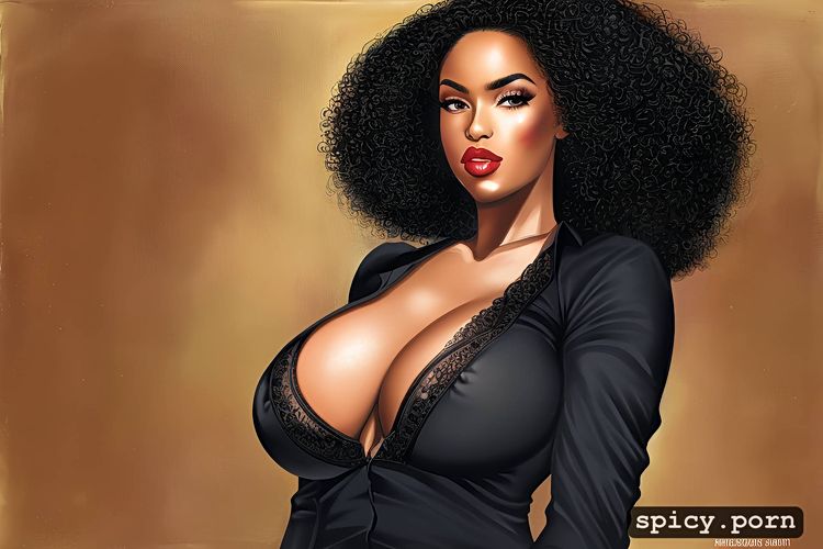 black woman, black hair, precise lineart, piercing, big boobs