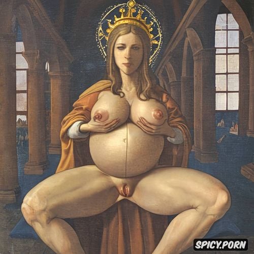 spreading legs shows pussy, crown on head radiating, virgin mary nude