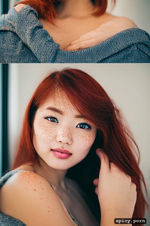 soft body, asian teen, no makeup, freckles, ginger, realistic photo