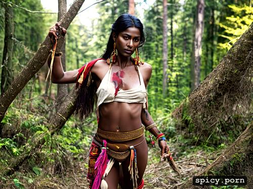 lady, forest, visible ass, walking, poor, tribal, 30yo, dark skin