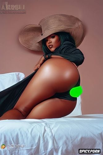 green hair, chubby body, perky boobs, black lady, backlighting