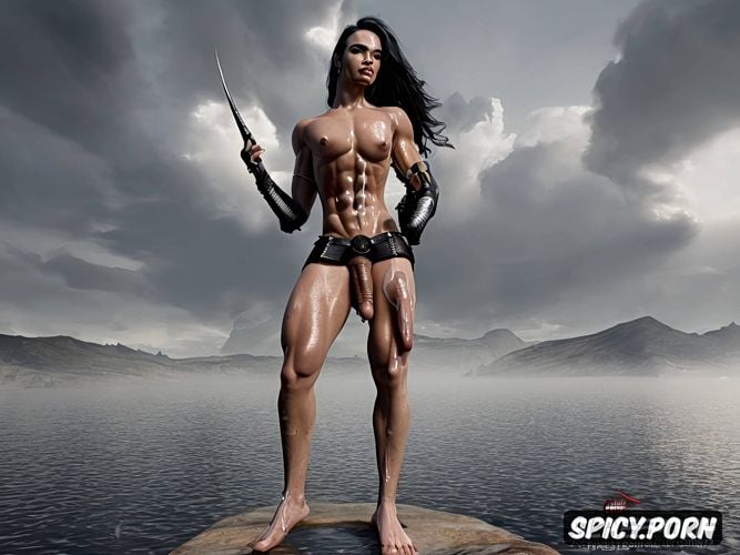 big ass, naked, very strong arms, walking on water, a transgener female look with huge dick