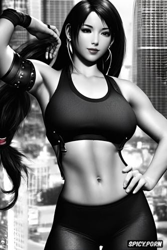 ultra realistic, k shot on canon dslr, ultra detailed, tifa lockhart final fantasy vii remake tight black yoga pants and sports bra beautiful face
