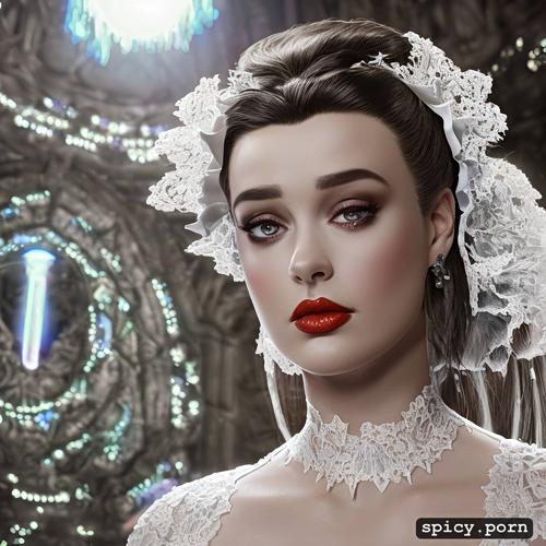 8k, wearing white lace dress with black trim, detailed face and eyes