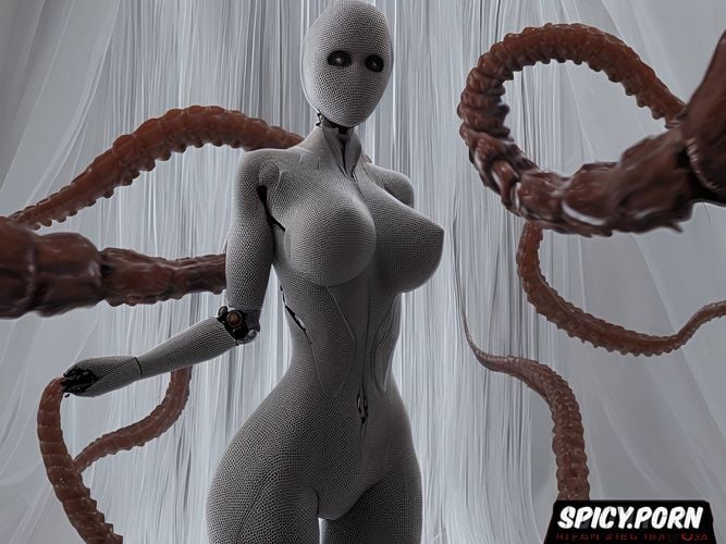 woman vs robot tentacle vagina probe model, vibrant, crams its girth into her vagina