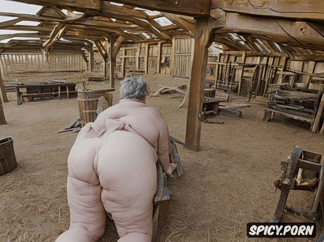 giant ass naked obese years, ssbbw granny, naked face of old slut face sideways moaning mouth open monster butt huge ass upturned alone ass rolled up thick legs fullshot bent over standing in a barn photo realistic