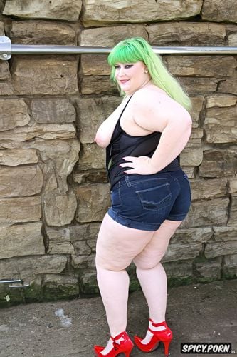 stunning face, green hair, simple background, big ass, medium tits