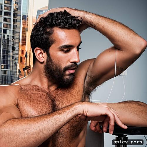 male, hairy armpits, full body view, gorgeus perfect face, he is sitting on a chair