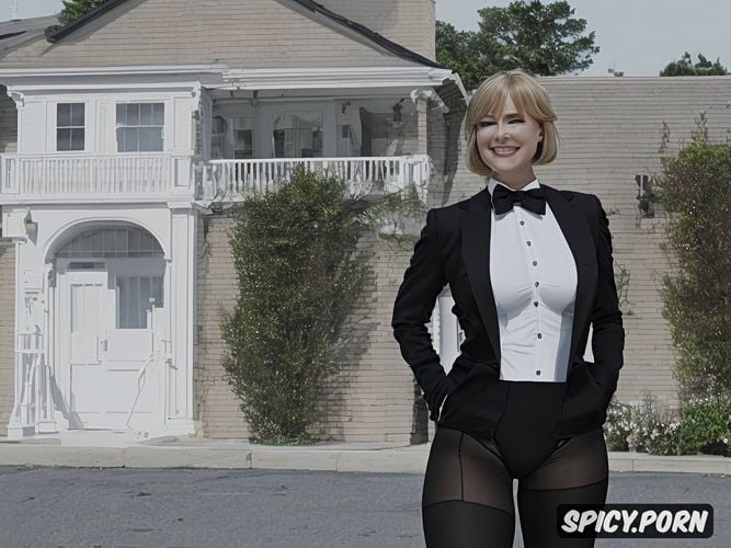 blond very short curly permed bob hair with bangs, black long sleeve cropped high above waist tailcoat