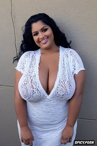 huge saggy tits, beautiful smiling face, half view, longer cleavage