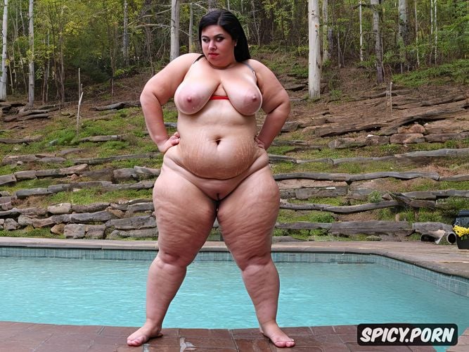 short, fat body, facing viewer, very thick thighs, fat muffin top