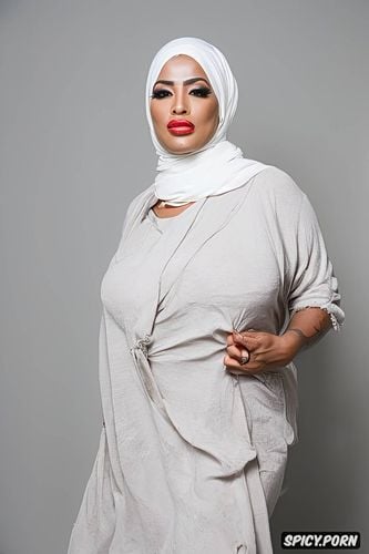 hijab, age forty five, close cowboy color shot, hot arab chubby muscled busty milf supermodel totally naked cream solid color background