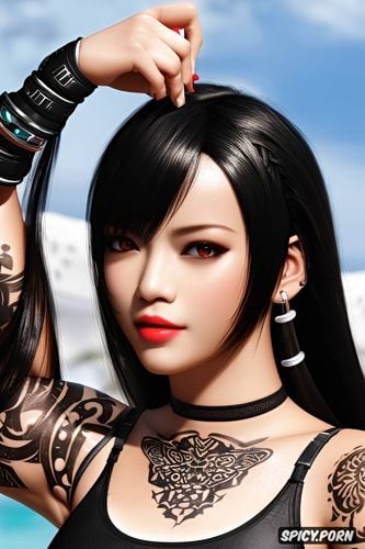 tattoos masterpiece, ultra detailed, tifa lockhart final fantasy vii rebirth asian skin long soft black hair in a dolphins tale braid beautiful face young