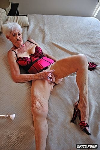 granny ninety five of age, ugly, short white hair saggy wrinkled skin masturbating with dildo in bedroom looking at viewer spreading legs splits high heels silk sheets on bed