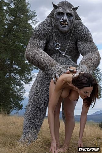 male sasquatch positioned to enter woman from behind, facial seizure from extreme pleasure