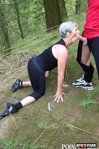 in forest, old granny with blond short hair, old granny in running leggings very short hair