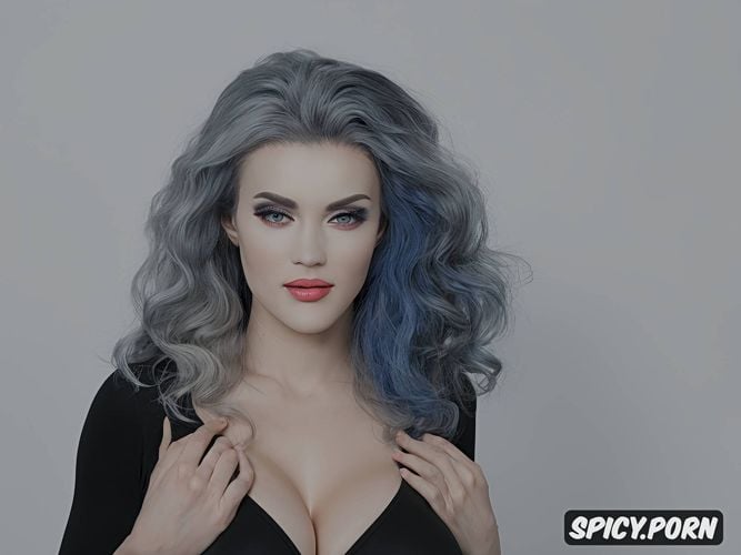 big boobs, perfect face, blue hair, curly hair, fit body, full shot