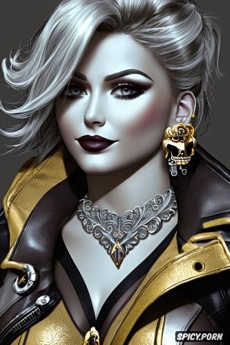 masterpiece, mercy overwatch beautiful face pirate wench tight low cut black leather corset black pirate jacket silver and gold pirate earrings and necklace tattoos milf