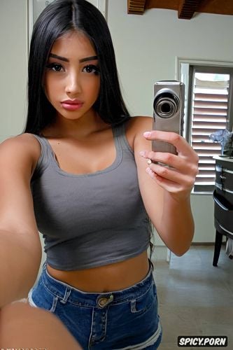 perfect tight body, pouting cheeks, long straight hair, jean shorts