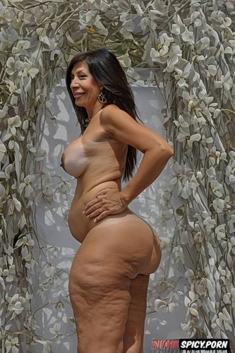 long hair, tanned skin, tall naked brunette pregnant gilf, fat thighs