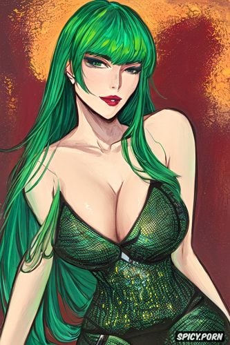 large cheekbones, breastless, broad shoulders, green hair, crossdresser