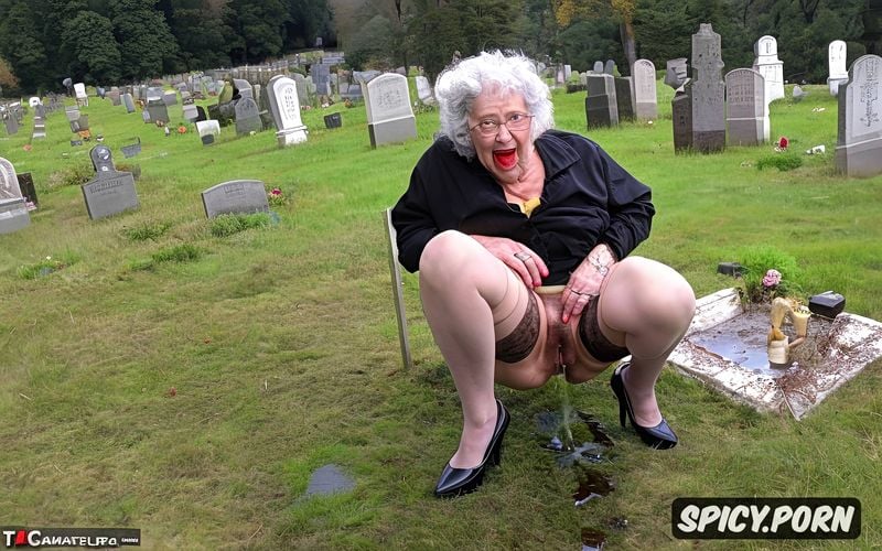 very fat granny, ultra detailed pissing very old granny on the grave