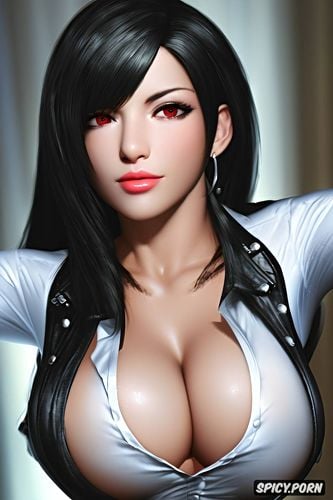 ultra detailed face shot, ultra realistic, tifa lockhart final fantasy vii black blazer white shirt shirt unbuttoned beautiful face busty milf