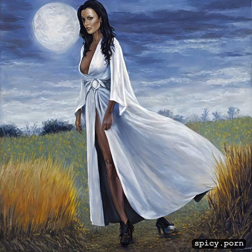 phoebe halliwell, bonfire, sheer white robe, moonlight, tanned body