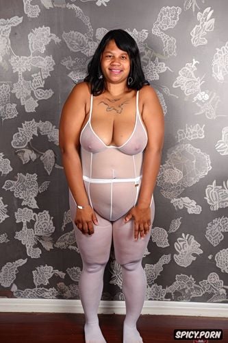 saggy boobs, sagging fat belly, symmetric, wearing a white transparent short and tight sleeveless jumpsuit and transparent pantyhose