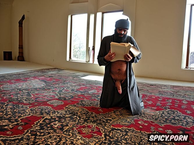 inside mosque, carpets on floor, enormous penis, gaping asshole