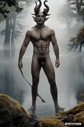 lake, naked hairy body, perfect penis and testicles, curly hair