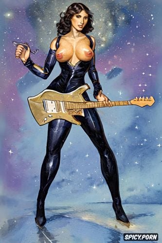 beautiful face, muscular, space age, female officer, playing electric guitar