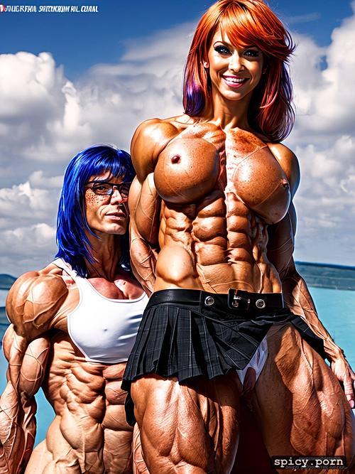 smile, white race, perky nipples, small perky breasts, female bodybuilders