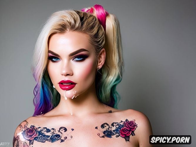 sitting on dick, heart tattoos, black tattoos, blue pink hair