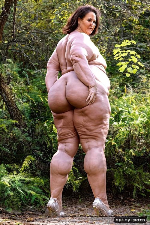 ultra realistic, obese mature fatty muscle lady, nude, tall leg