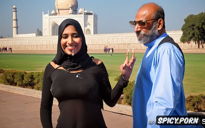 pakistani teen muslim wife wearing burkha, cornered by tall indian men infront of taj mahal