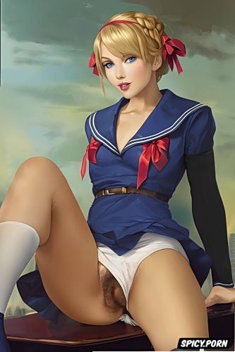 resting, flat chest, spreading legs, pink nipples, sailor school uniform