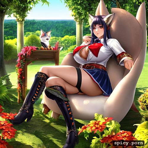 armored boots and a cute shirt, sitting in a chair in a garden