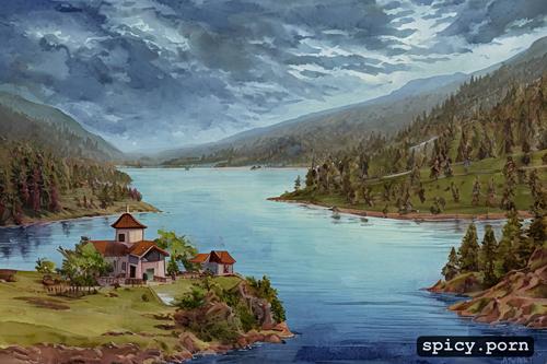 quiet, crossing the lake directly to heaven, the painting depicts a high cliff surrounded by rivers the lake spread wide