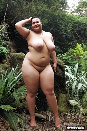 nude, highest quality, realistic face, chubby, standing in jungle