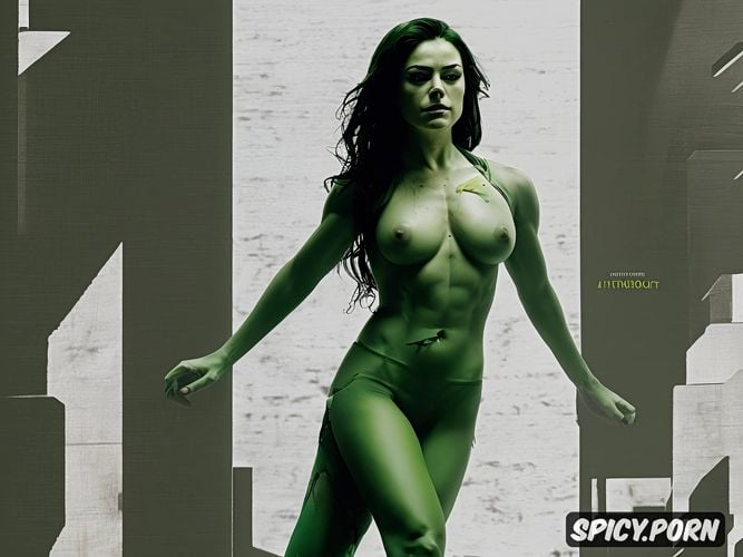 highres, torn clothes, high heels, masterpiece, green tatiana maslany in courtroom as she hulk great legs