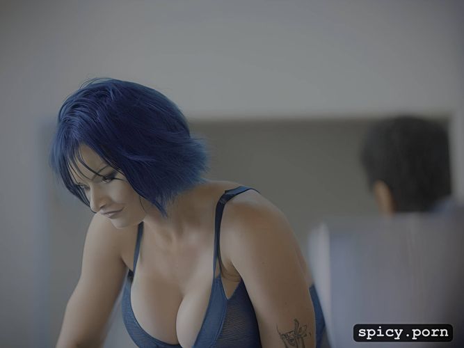 blue hair, white lady, gorgeous sexy face, firm large boobs