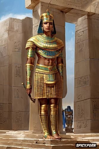 standing egyptian god min, ancient egyptian clothing, long white penis